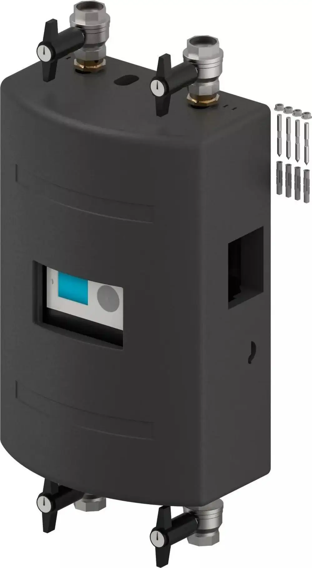 Schwarze Uponor Pumpe mit zwei Ventilen und Sichtfenster, geeignet für den zentralen Anschluss. Zubehörteile sind neben dem Produkt sichtbar.
